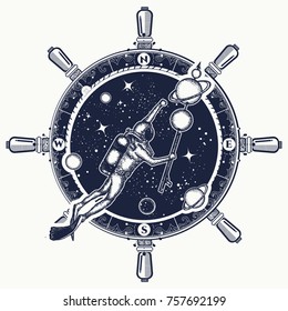 Astronaut in deep space t-shirt design. Symbol of science, research, travel. Diver catches planets in space tattoo art 