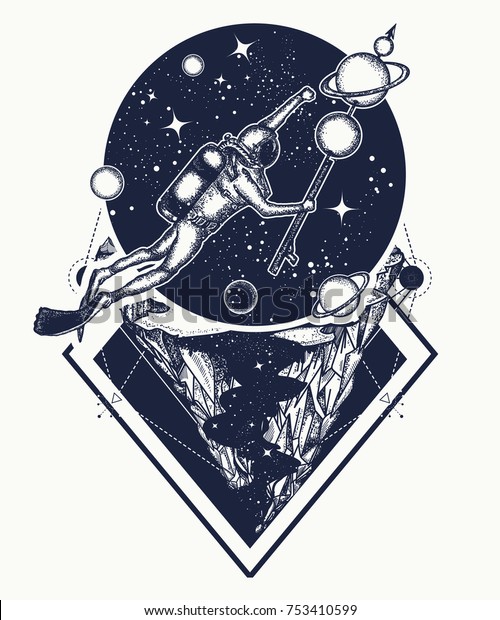 Diver floats in space tattoo art. 
