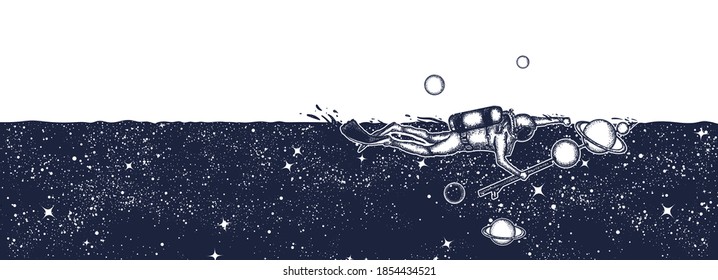 Astronauta en el espacio profundo y el universo. El buzo flota en el espacio, el fondo del cielo nocturno. Gráfico surrealista en blanco y negro