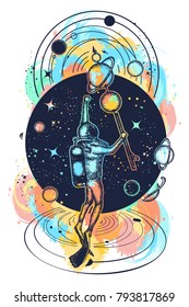 Astronaut in deep space and universe t-shirt design. Diver floats in space tattoo art. Symbol of science, research 