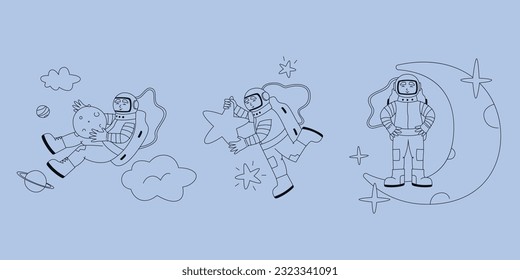 Astronaut in different poses. Male character in outline style.