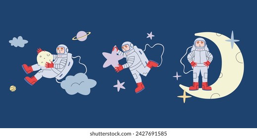 Astronaut in different poses. Male character in doodle style.