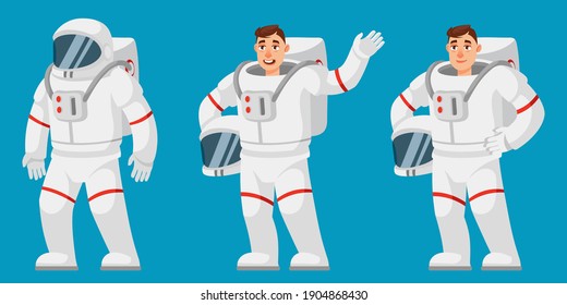 Astronaut in different poses. Male person in cartoon style.