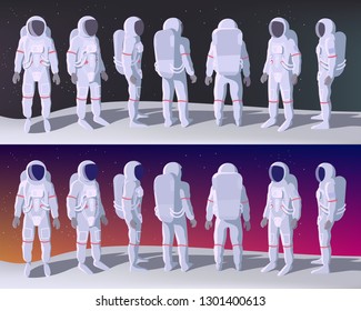 Astronaut in Different Positions Stands on the Moon with Space Behind. Cartoon or Flat Vector illustration