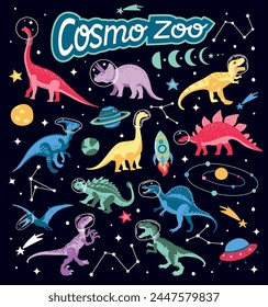 Astronaut dinosaur character set design. Cute space illustration. Dinosaur,space ship, rocket vector print.