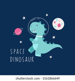 Astronaut dinosaur, cosmos, galaxy, moon, space adventure. Cartoon character. Vector illustration for children.