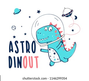 Astronaut dinosaur print design with slogan. Vector illustration design for fashion fabrics, textile graphics, prints.