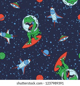 Astronaut dinosaur vector print pattern .Funny t-shirt print for kids.Space surf