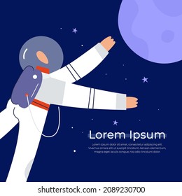 The astronaut discovers a new planet. Space exploration, space travel, space tourism. Sample. Hand drawn illustration isolated on dark blue background with text.