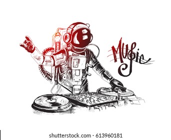 DJ astronauta con consola, ilustración del vector de esbozos de mano.