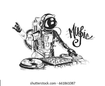 DJ astronauta con consola, ilustración del Vector de esbozo dibujado a mano.