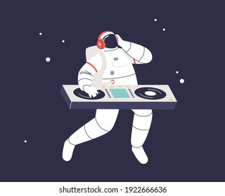 Astronaut dj dancing at turntable in space over galaxy and stars background. Funny spaceman at party in cosmos. Flat vector illustration