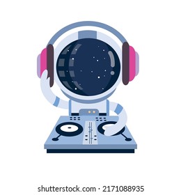 Astronaut dj with turntable and headphones. Disco universe comic style vector illustration.