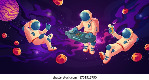 Astronaut dj with turntable in open space. Vector cartoon illustration with spaceman mixing techno music, showing thumb up and with drink on cosmos background. Galaxy design for poster or flyer