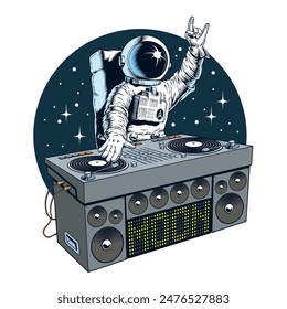 Astronaut dj with turntable in the outer space isolated on white background. Disco party flyer, banner, poster or t shirt design. Comic style vector illustration.