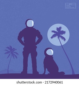 Astronaut with dog. Cosmonaut on tropical planet. First man on Mars
