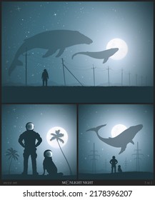 Astronaut and dog. Flying whale in moonlight. Fantastic animal. Sci Fi