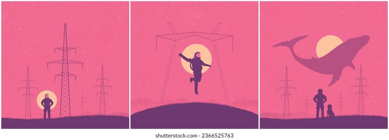 Astronaut and dog. Flying whale in moonlight. Fantastic animal. Sci Fi