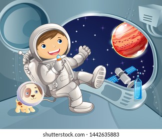 Astronaut with dog inside spaceship looks at planets