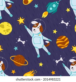 Perro astronauta, patrón sin fisuras. Un perro lindo vuela en el espacio. Estrellas, planetas, luna, cohete, cometa. Ilustración del vector