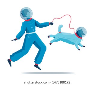 Astronaut with dog in space flat vector illustration isolated on a white background