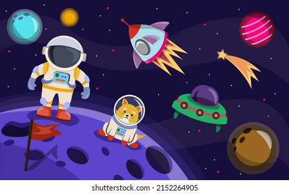 Astronaut and a dog in space. Flat vector illustration. 