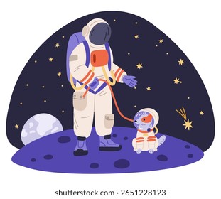 Astronaut with dog in spacesuits on new planet among stars and comets. Universe exploration. Animal cosmonaut. Moon expedition. Spacewalk explore. Astronomy science. Vector concept