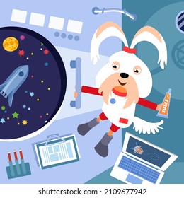 Astronaut dog with tube of juice on space station. Characters in cartoon style with background. Vector full color illustration.