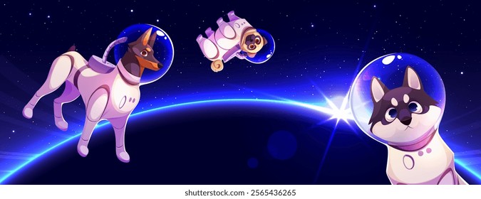 Astronaut dogs flying in outer space. Vector cartoon illustration of cute animals in glass helmets floating around planet, stars and bright light shining in night sky, pug, dobermann and husky pets