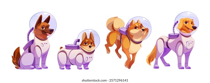 Astronaut dogs set isolated on white background. Vector cartoon illustration of cute animals wearing glass helmets and spacesuits for space exploration, labrador, corgi, akita-inu, shepherd breed pets