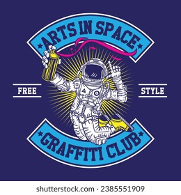 Astronaut Doing Graffiti in Space Hand Drawing Vector Illustration in Patch Design Style Arts in Space Graffiti Club