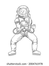 Astronaut doing horse stance in karate pose. Hand drawn vector illustration