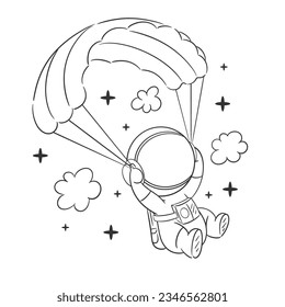 Astronaut is doing parachute in beautiful sky for coloring