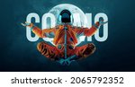 Astronaut doing yoga on the background of the moon and space. Yoga exercises. Vector illustration