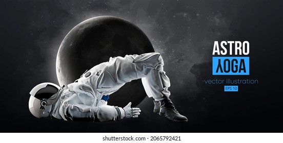 Astronaut doing yoga on the background of the moon and space. Yoga exercises. Vector illustration