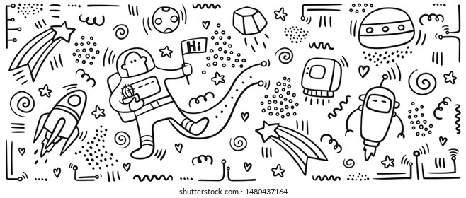 Astronaut doodle print. Set of space objects and symbols. Planets and ships. Space doodles. Future concept with astronaut, planets,spaceships. Universe concept - vector.