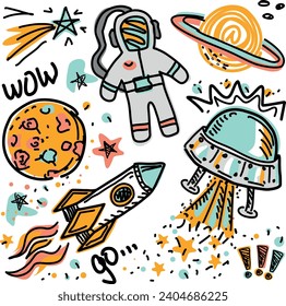 Conjunto de doodles astronautas, ilustración vectorial dibujada a mano.