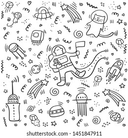 Astronaut doodle. Set of space objects and symbols. Planets and ships. Space doodles. Future concept with astronaut, planets,spaceships. Universe concept -vector.