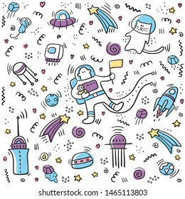 Astronaut doodle. Set of space objects and symbols. Planets and ships. Space doodles. Future concept with astronaut, planets,spaceships. Universe concept vector.
