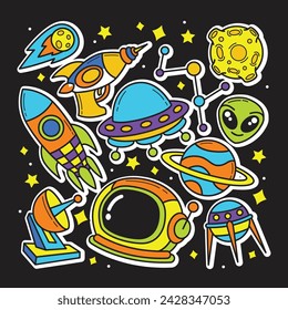 Astronaut doodle set space objects and symbols vector image