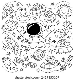 Astronaut Doodle Set Weltraumobjekte und Symbole Vektor 