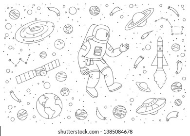 Astronaut doodle vector illustration with different cosmic objects. Space hand drawn outlines collection. Cartoon set of planets, stars, spaceships and other astronomy symbols