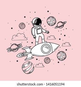 Astronaut draw with rocket and planets design
