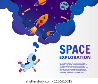 Astronaut dreaming about space. Paper cut style of vector illustration. Planets, rockets, comets in the sky, start up business concept and exploration idea, vector art and illustration.