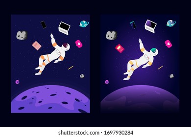 astronaut drift in space with gadgets that are scattered like laptops, notebooks, smartphones, meteors, planets, stars, love, and pencil