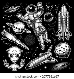 Astronaut Drifting Through Space. Alien showing piece signs. Space ships.Vector Engraving Illustration.