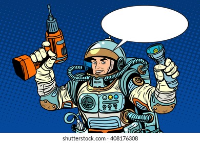 Astronaut with a drill and flashlight