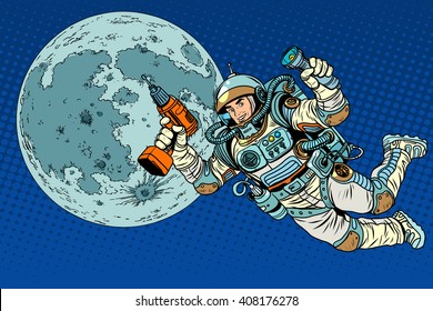 Astronaut with a drill and flashlight on the Moon