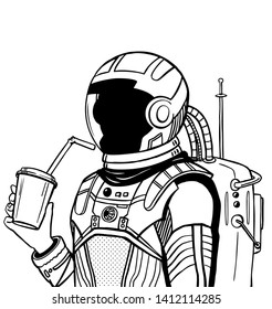 Astronaut drinking coffee to go hand drawn vector illustration. Cosmonaut holding disposable paper glass with straw. Spaceman outline drawing. Space explorer line art element. Coloring book clipart