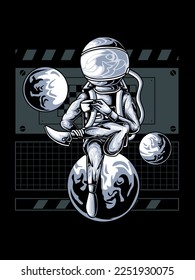 astronaut drinking coffee in space, modern vector design, in monochrome colors. Great for printing on t-shirts, merchandise, clothes, apparel, hoodies, posters, stickers.